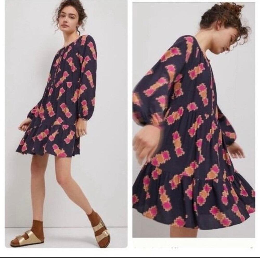 Anthropologie XS Printed Tiered Swing Dress Navy Pink Boho Long Sleeve